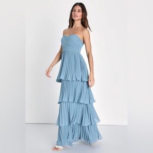 Blue Pleated Strapless Tiered Maxi Dress